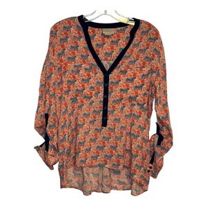 Anthropologie Vanessa Virginia Blouse Tiger Print Orange Button Up Tab Sleeve 10